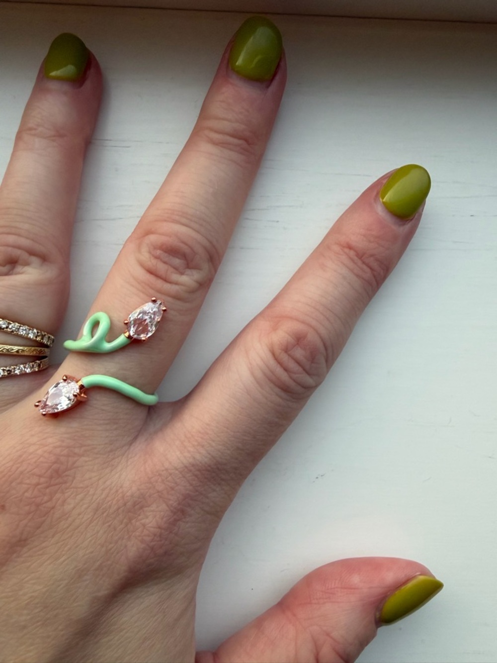 Adjustable Mint Green Enamel Open Snake Ring with Two White Teardrop Crystals
